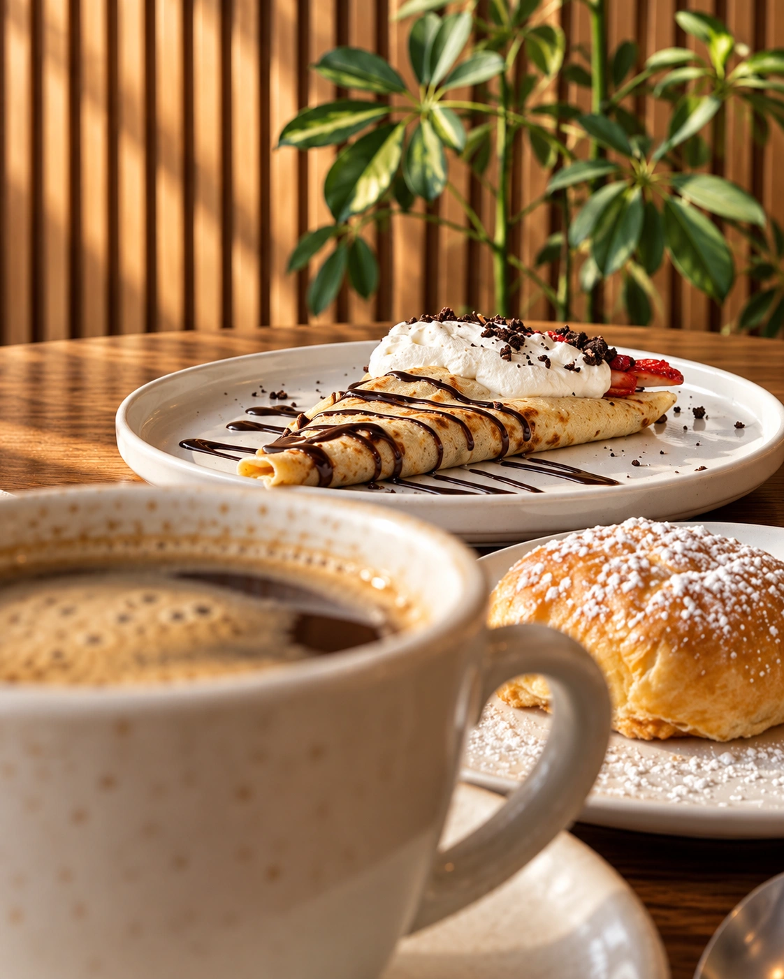 Café, crepe y croissant junto a la pared de madera de Vilastrani