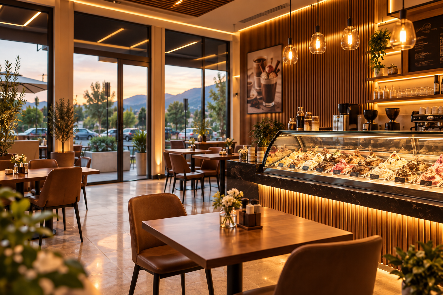 Salón cálido de cafetería con madera, luz de tarde y vitrina de helados