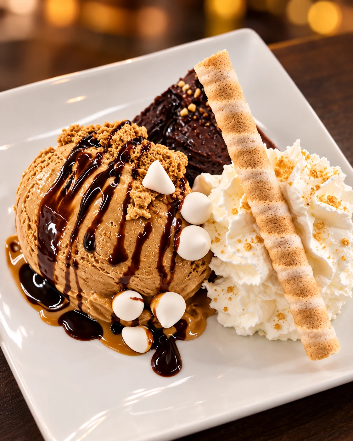 Copa de helado con chocolate, crema y barquillos
