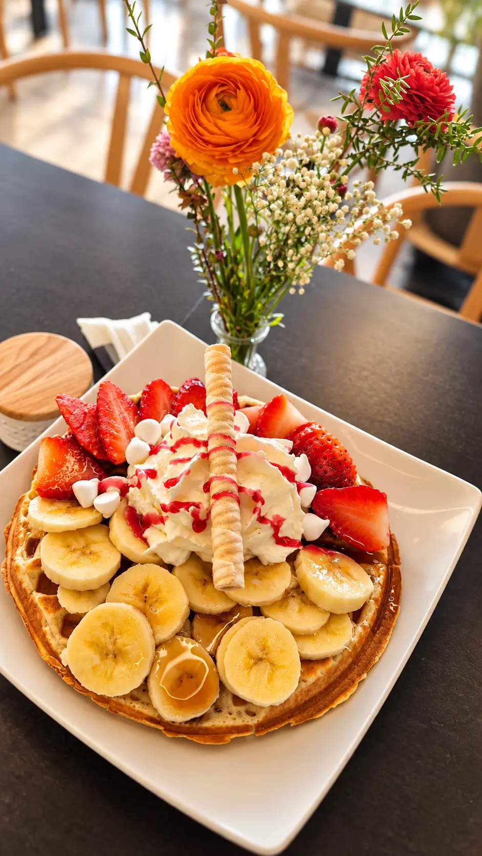 Waffle con plátano y frutillas en una mesa del local