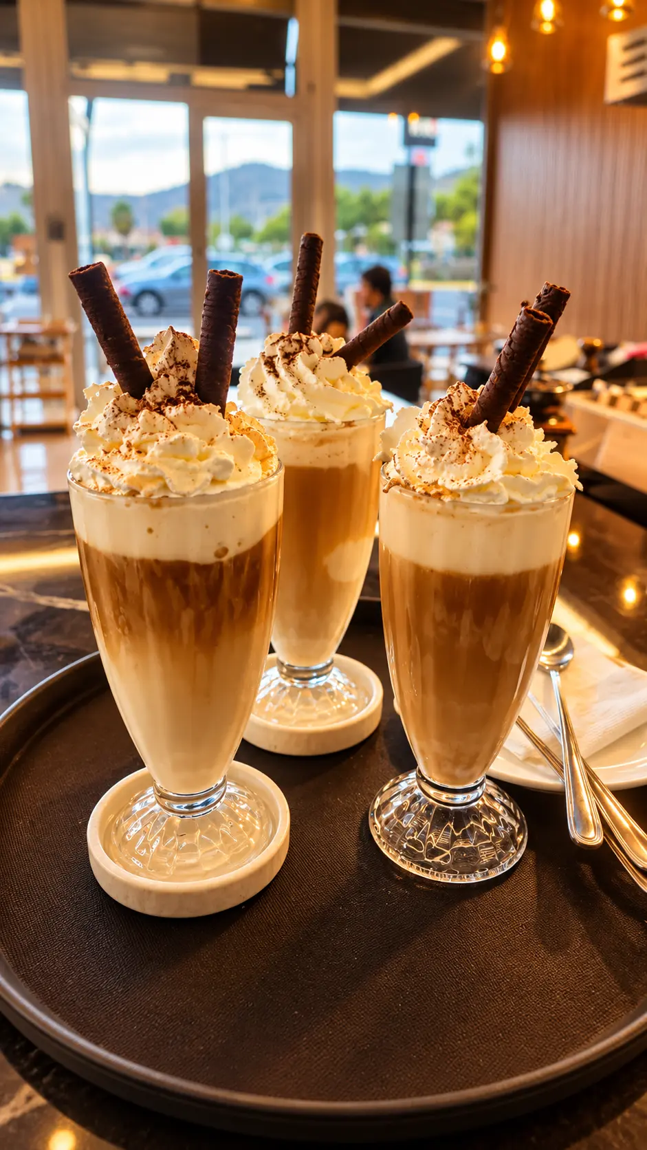 Tres frappés con crema y barquillos de chocolate en la barra