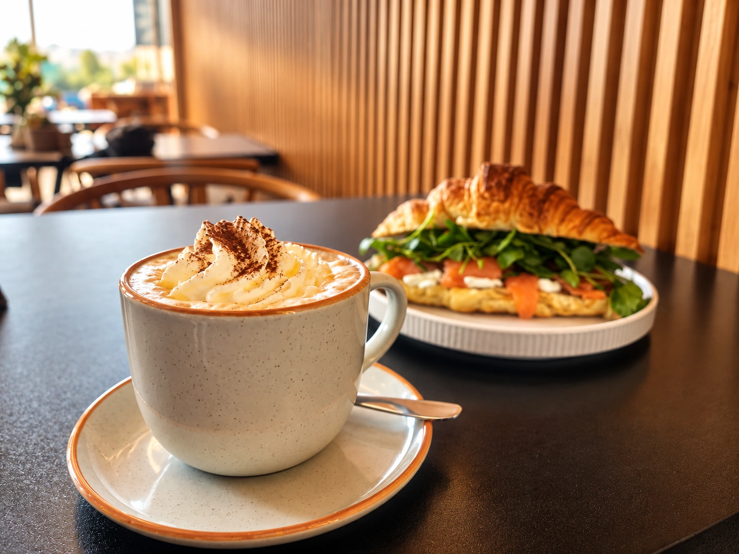 Café con crema y croissant relleno junto a la pared de madera del local