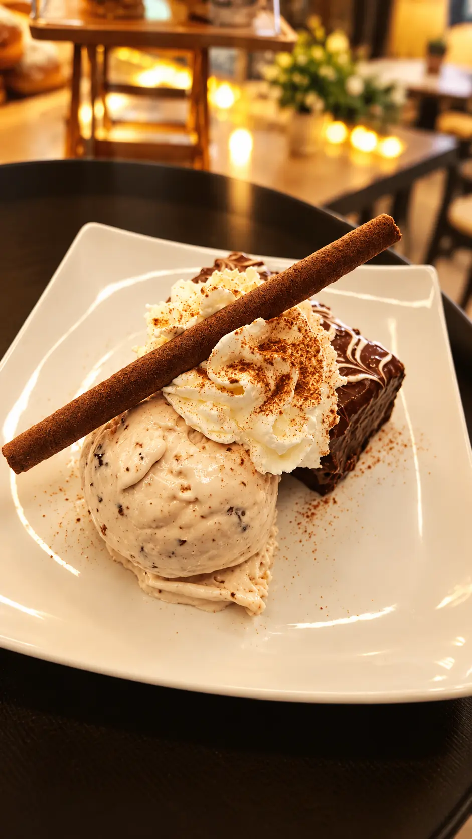 Brownie con helado y chocolate en rama
