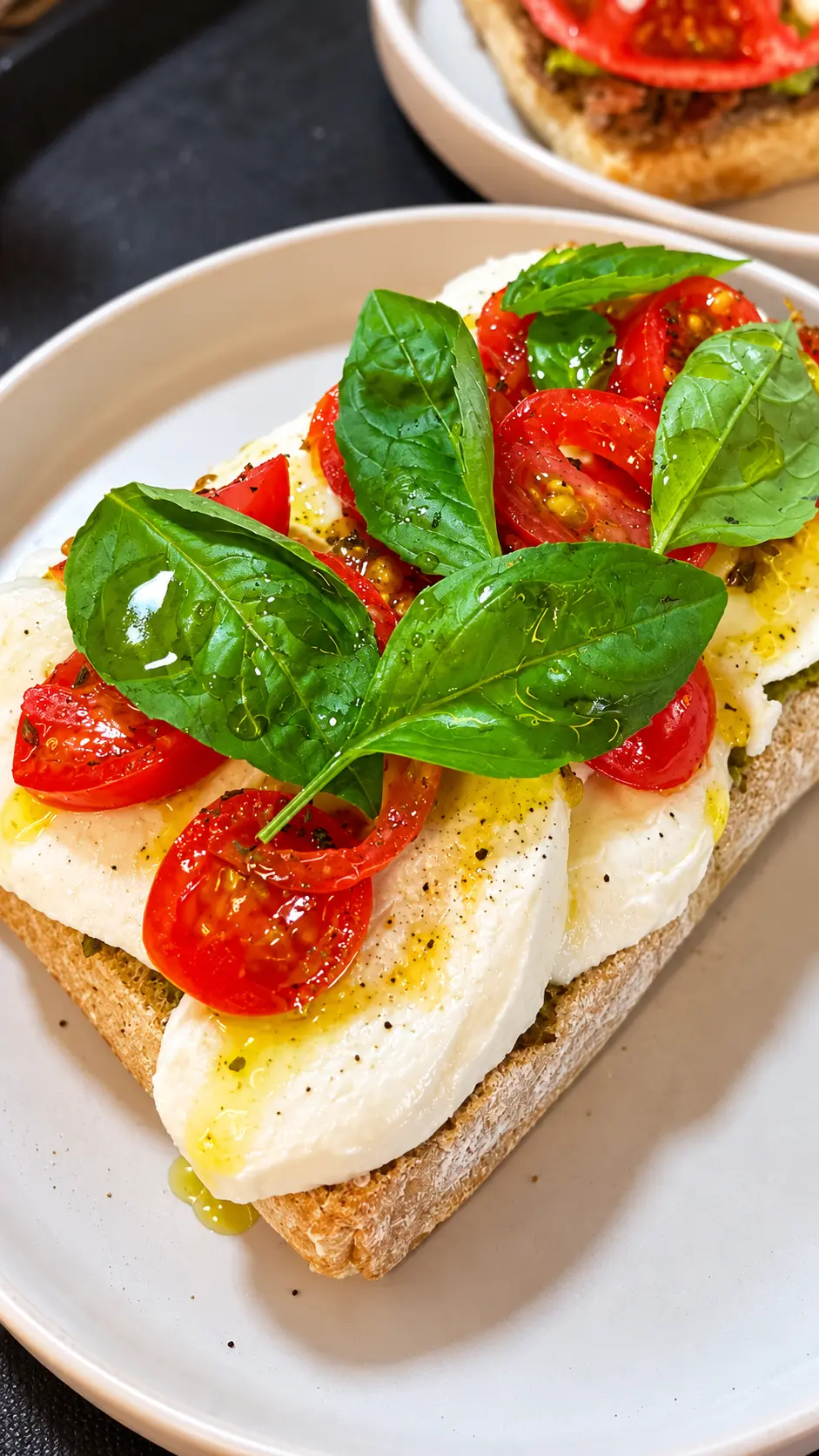 Tostada caprese con mozzarella, tomate y albahaca