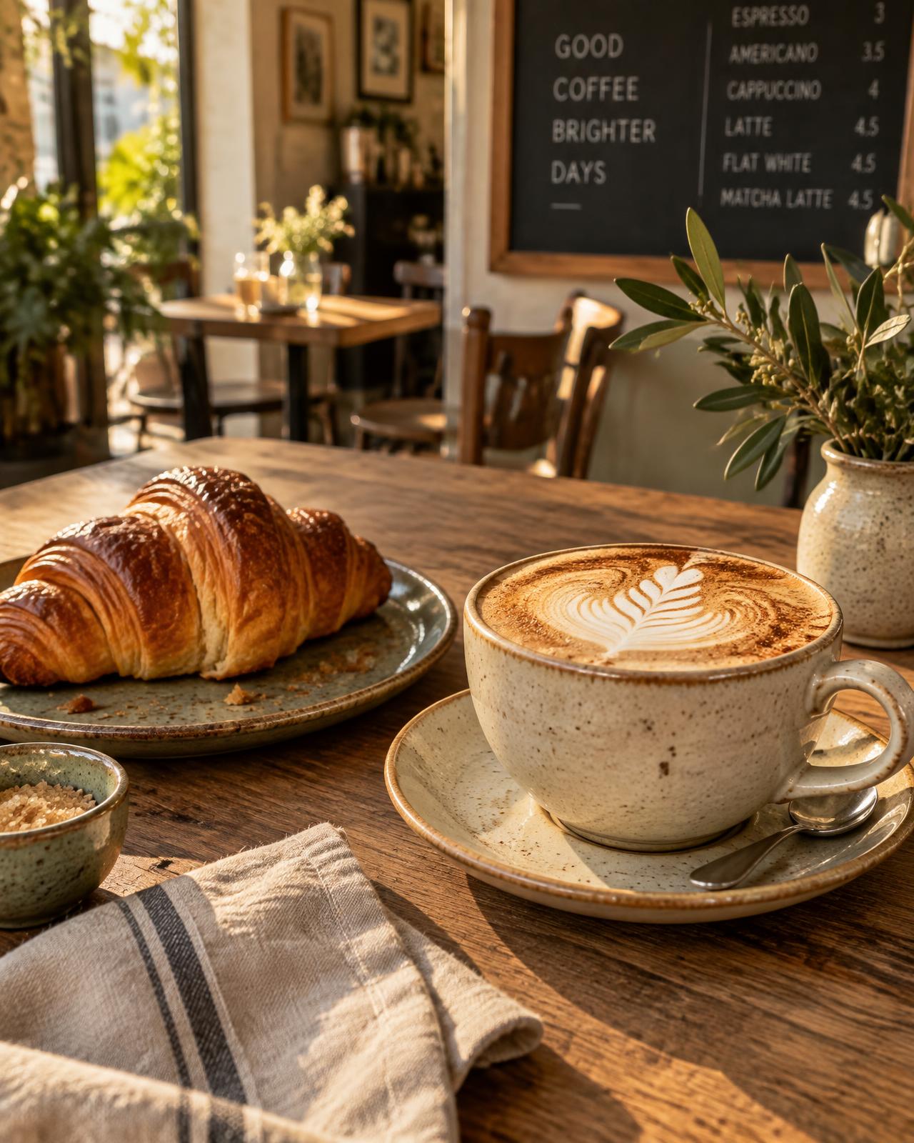 Cappuccino y croissant sobre mesa de madera