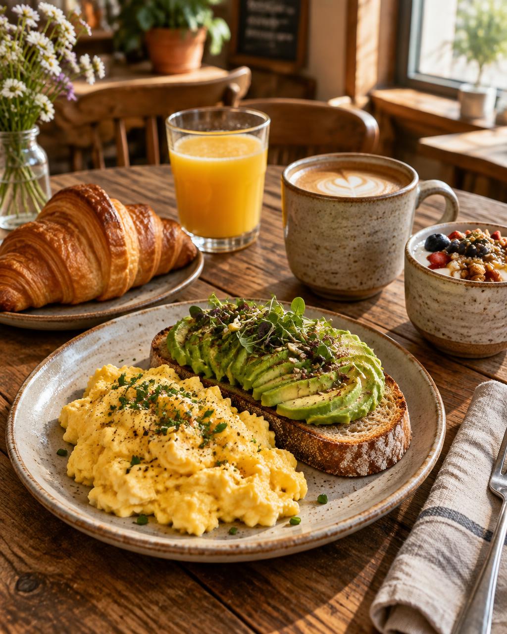 Desayuno con huevos, palta, croissant y jugo