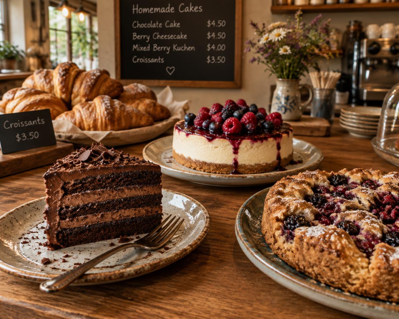 Tortas, cheesecake y kuchen sobre mesón de madera