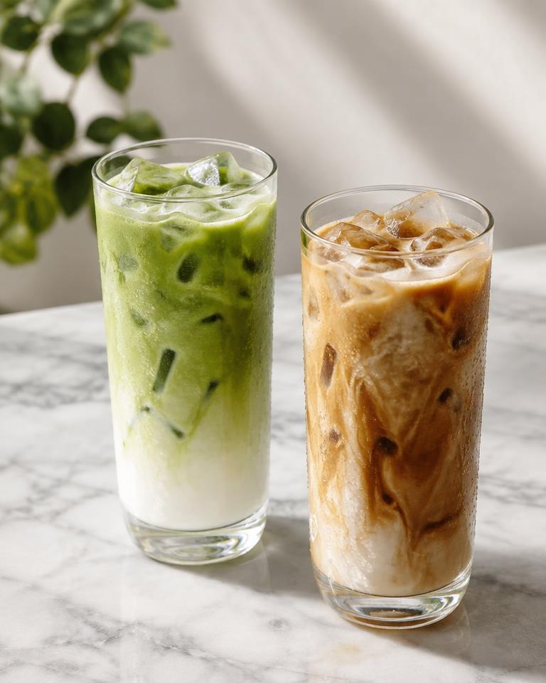 Matcha y café helados, servidos en vasos altos con hielo