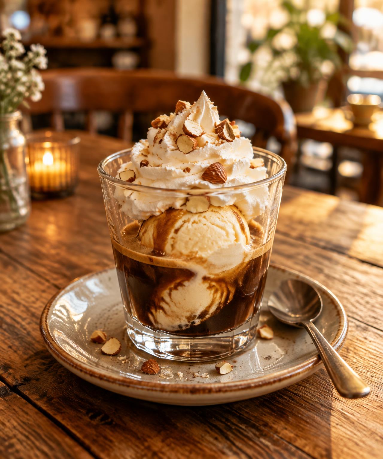 Affogato con almendras y chantilly
