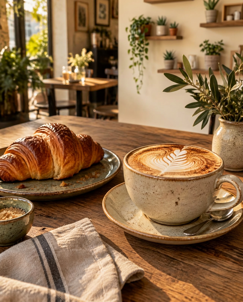 Cappuccino y croissant en mesa de madera
