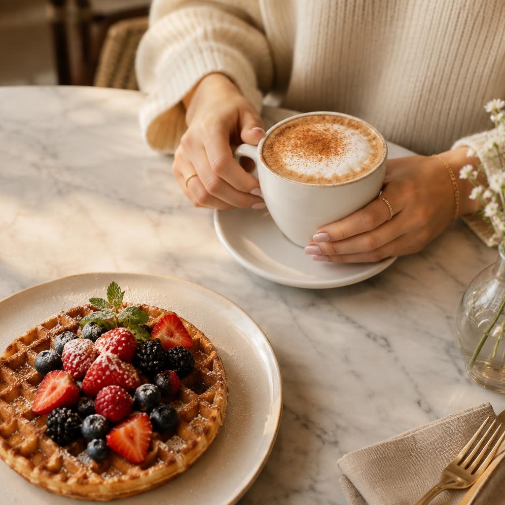 Composición editorial de café y waffle con berries